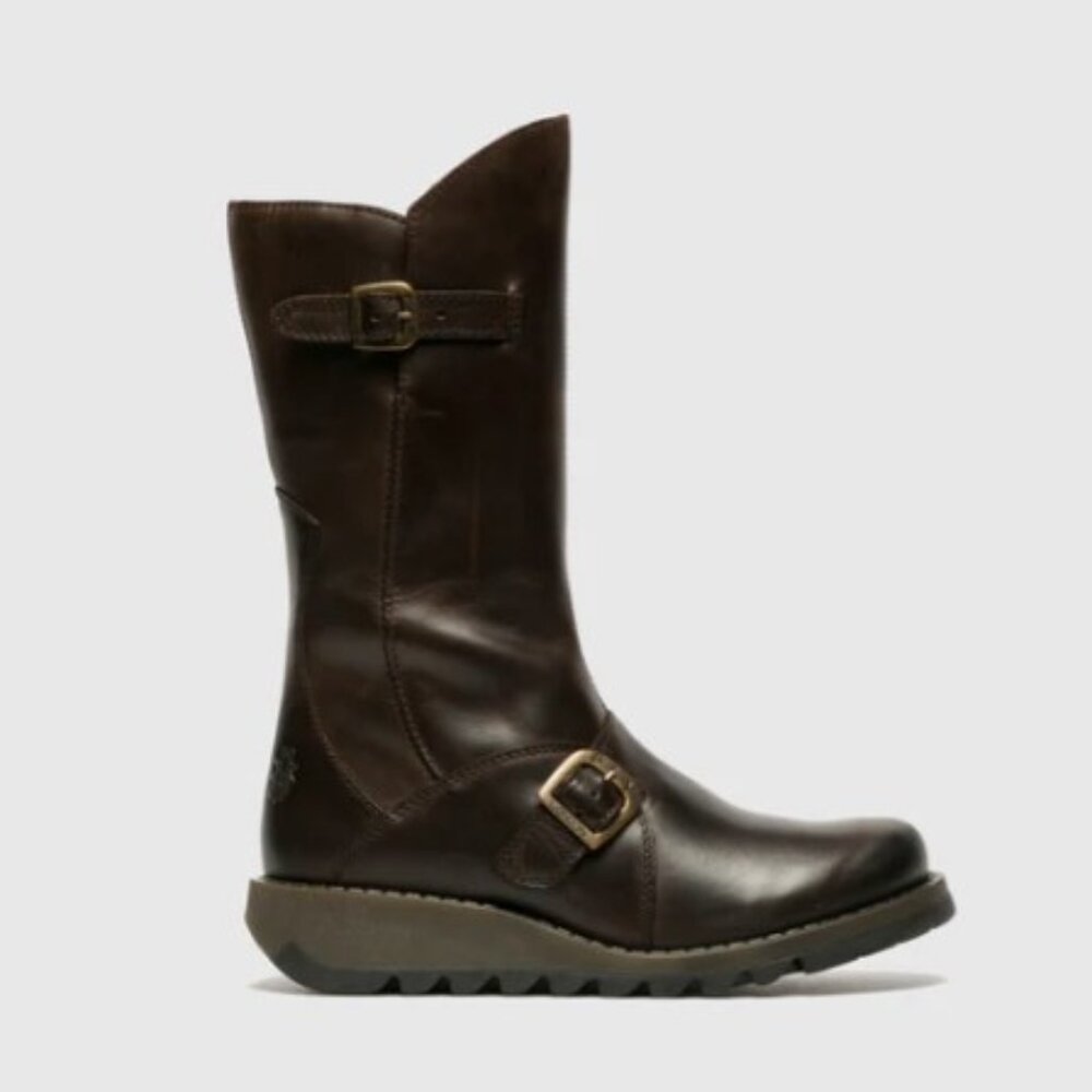 Fly London Dark Brown Leather Mid-Calf Buckle Boots
